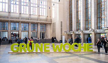 Grüne-Woche-Schriftzug am Eingang Nord der Messe Berlin